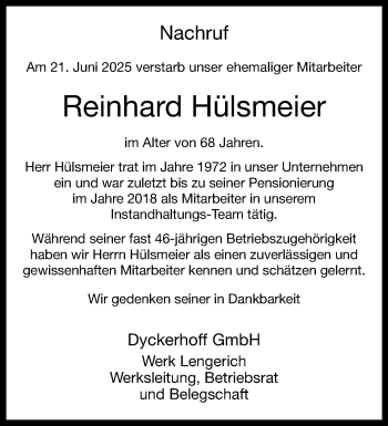 Anzeige von Reinhard Hülsmeier 