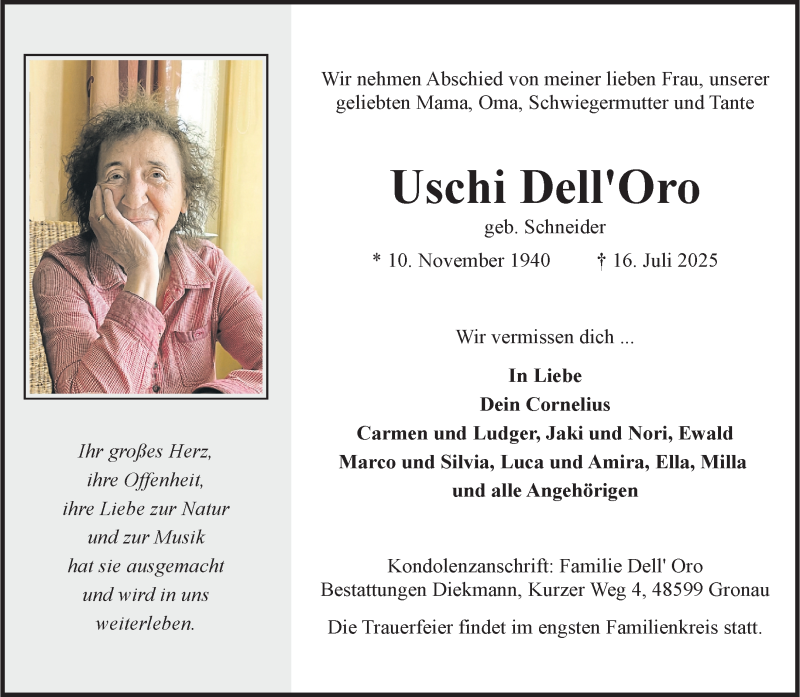  Traueranzeige für Uschi Dell'oro vom 26.07.2025 aus 