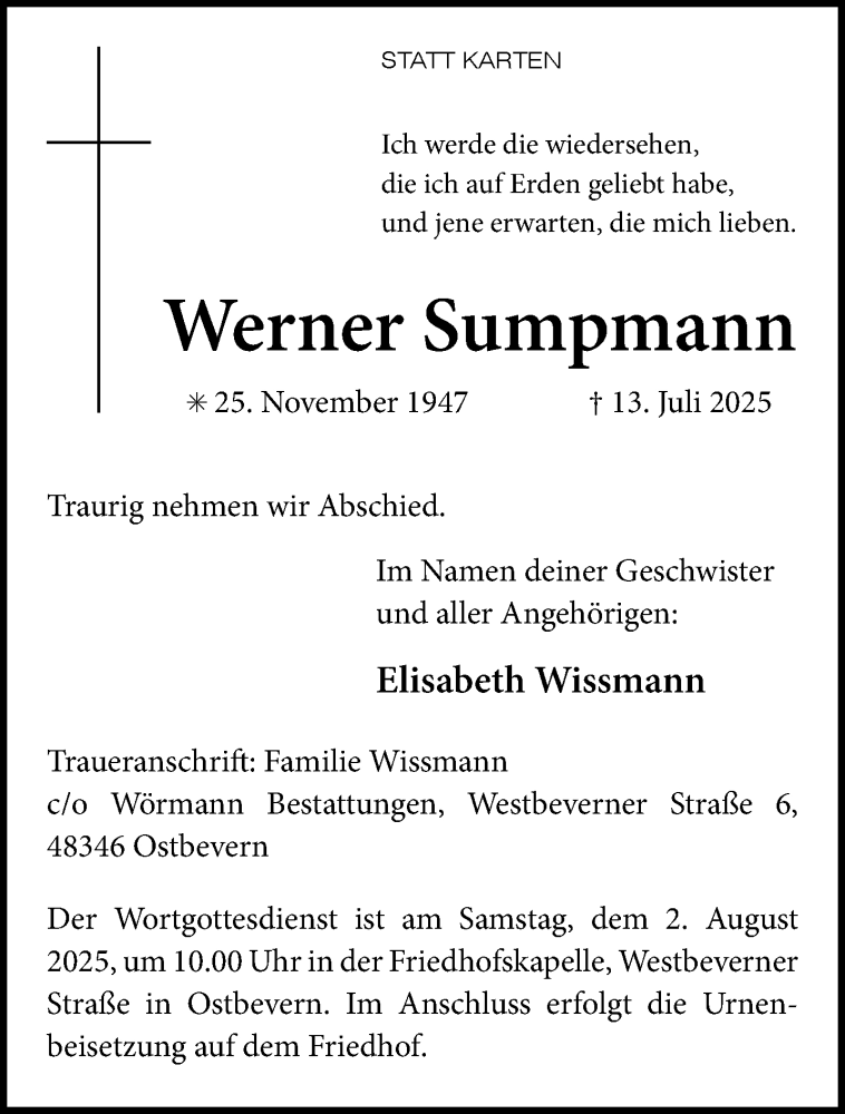  Traueranzeige für Werner Sumpmann vom 26.07.2025 aus 