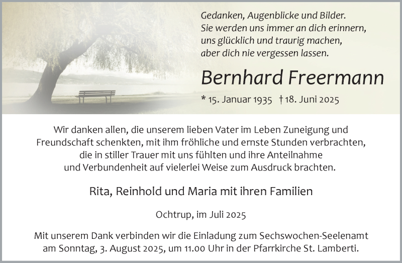  Traueranzeige für Bernhard Freermann vom 30.07.2025 aus 