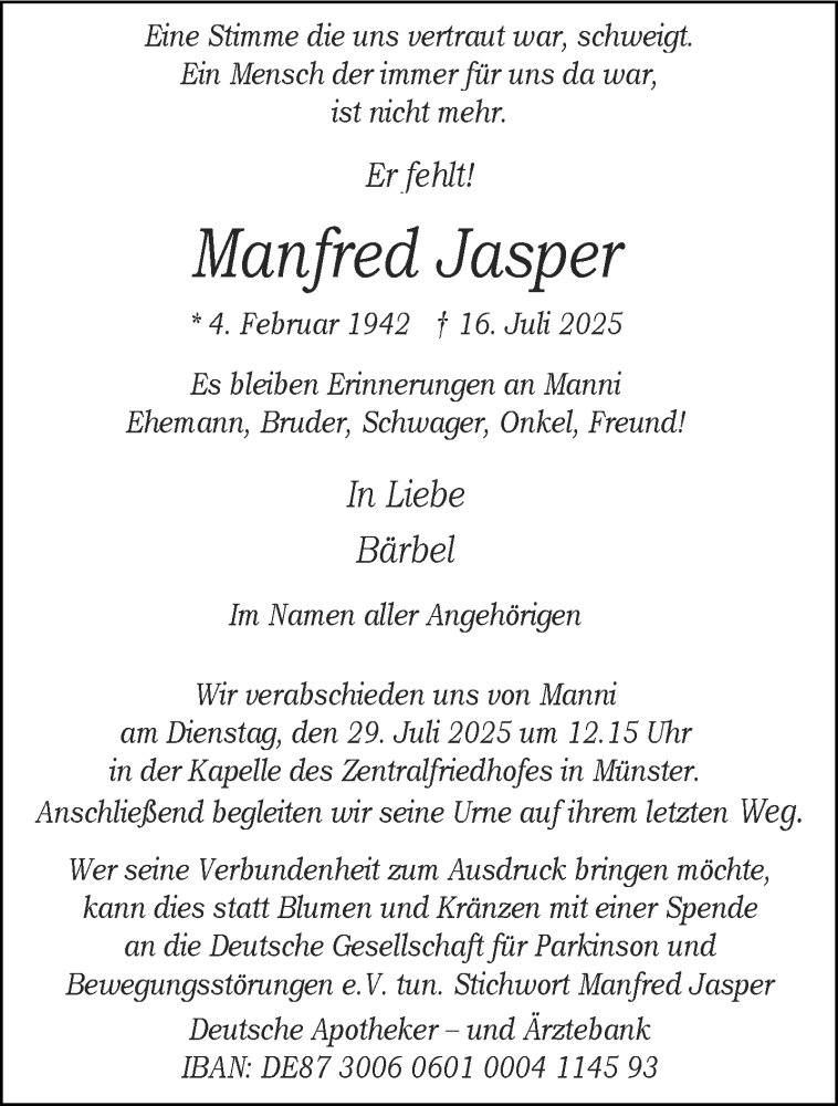  Traueranzeige für Manfred Jasper vom 26.07.2025 aus 