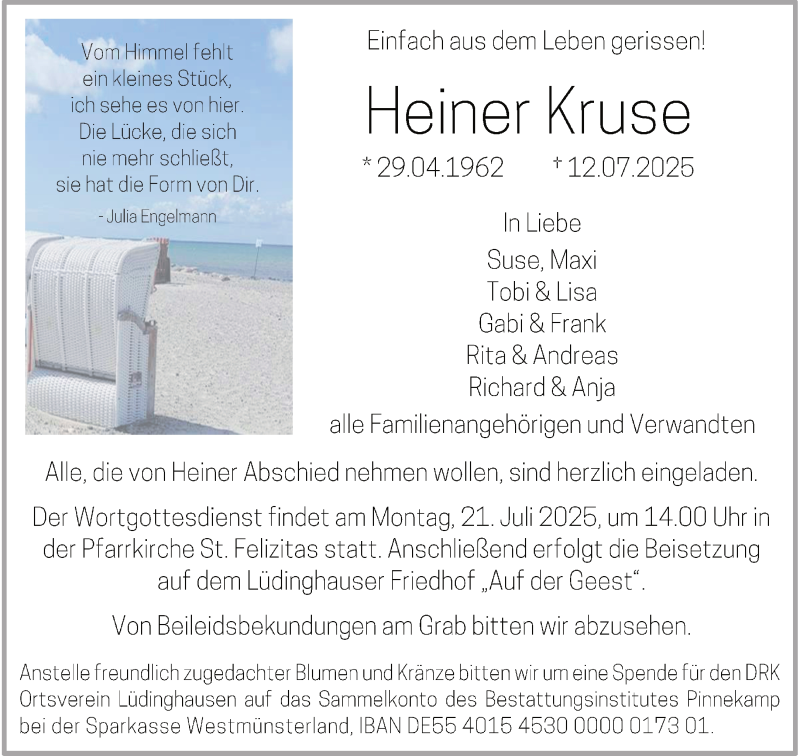  Traueranzeige für Heiner Kruse vom 16.07.2025 aus 