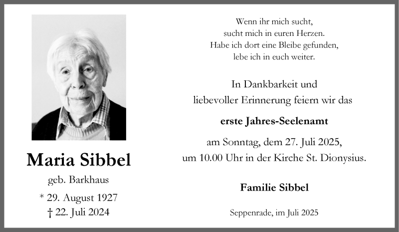  Traueranzeige für Maria Sibbel vom 19.07.2025 aus 