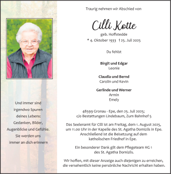 Anzeige von Cilli Kotte 