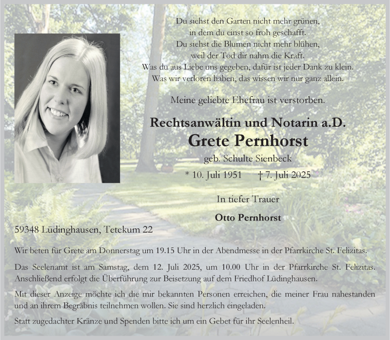  Traueranzeige für Grete Pernhorst vom 09.07.2025 aus 