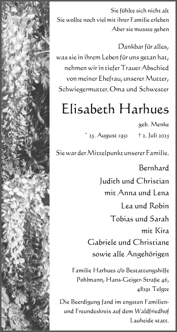 Anzeige von Elisabeth Harhues 