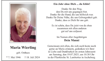 Anzeige von Maria Wierling 