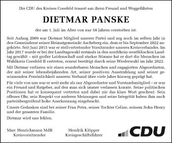 Anzeige von Dietmar Panske 