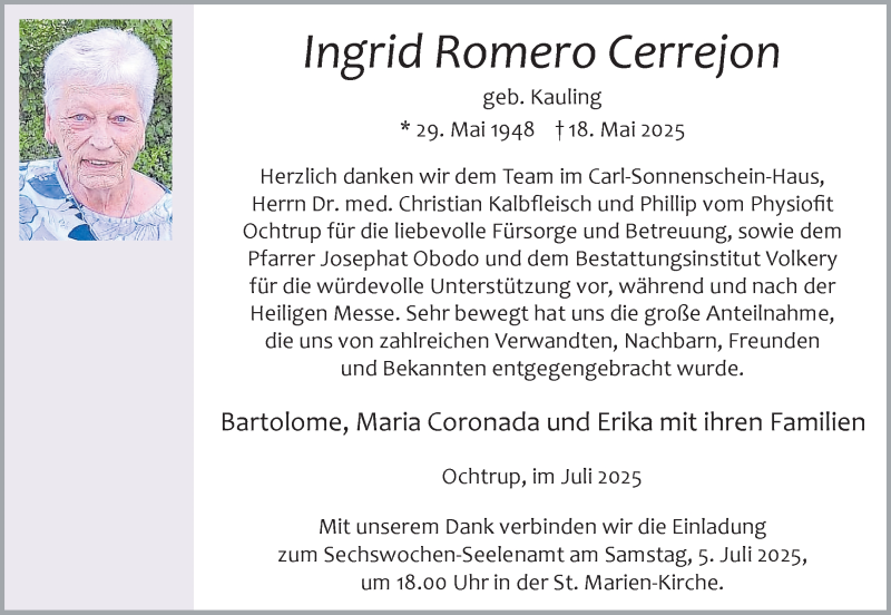  Traueranzeige für Ingrid Romero Cerrejon vom 02.07.2025 aus 