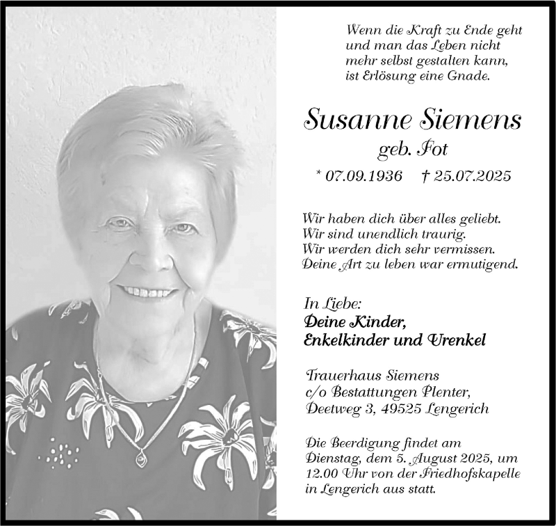  Traueranzeige für Susanne Siemens vom 31.07.2025 aus 