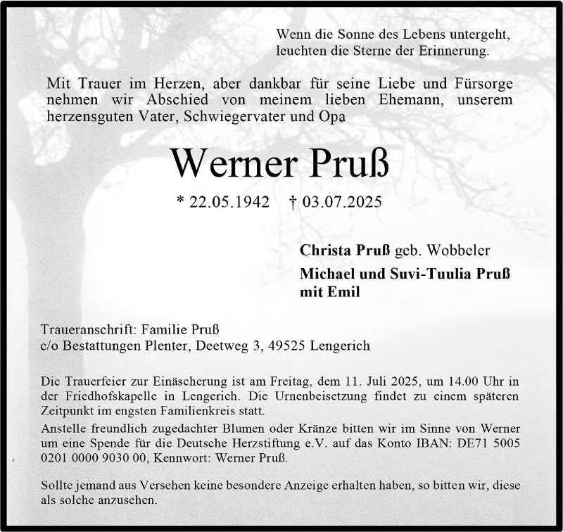  Traueranzeige für Werner Pruß vom 09.07.2025 aus 
