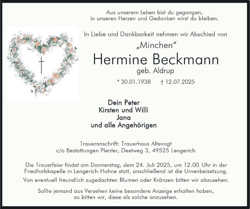  Traueranzeige für Hermine Beckmann vom 19.07.2025 aus 