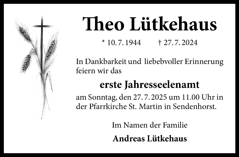  Traueranzeige für Theo Lütkehaus vom 19.07.2025 aus 