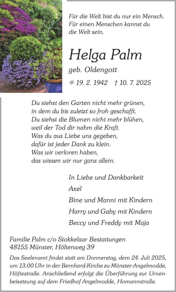  Traueranzeige für Helga Palm vom 19.07.2025 aus 