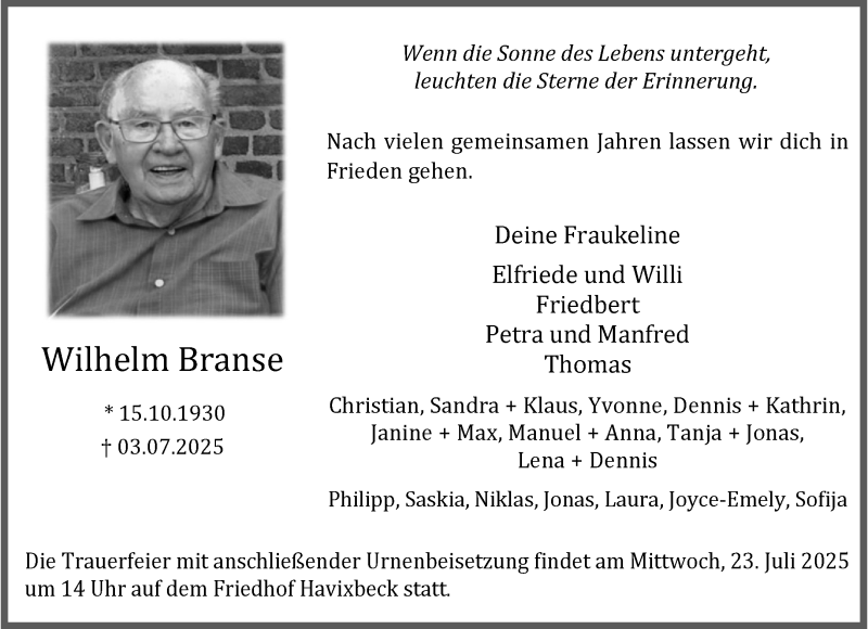  Traueranzeige für Wilhelm Branse vom 12.07.2025 aus 