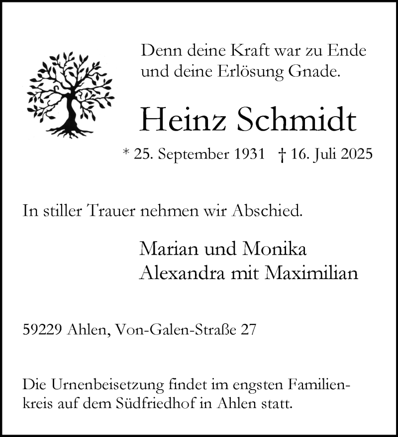  Traueranzeige für Heinz Schmidt vom 26.07.2025 aus 