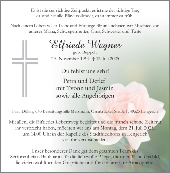 Anzeige von Elfriede Wagner 