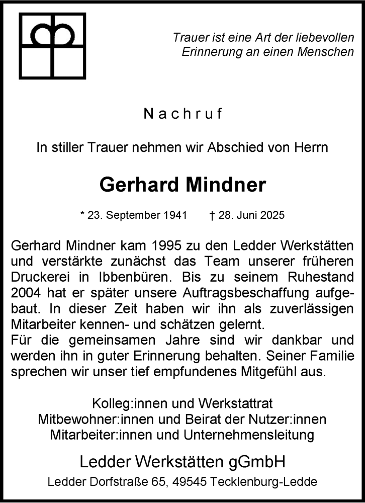  Traueranzeige für Gerhard Mindner vom 04.07.2025 aus 