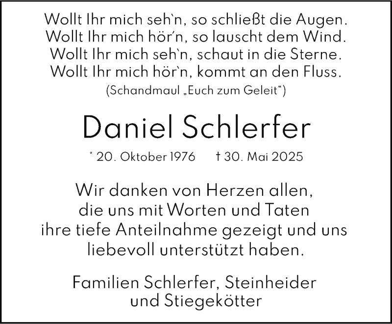  Traueranzeige für Daniel Schlerfer vom 26.07.2025 aus 