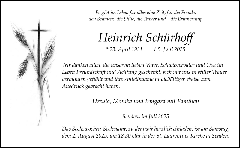  Traueranzeige für Heinrich Schürhoff vom 26.07.2025 aus 