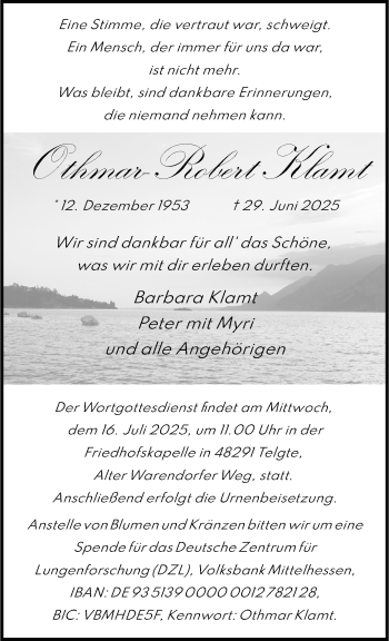 Anzeige von Othmar Robert Klamt 
