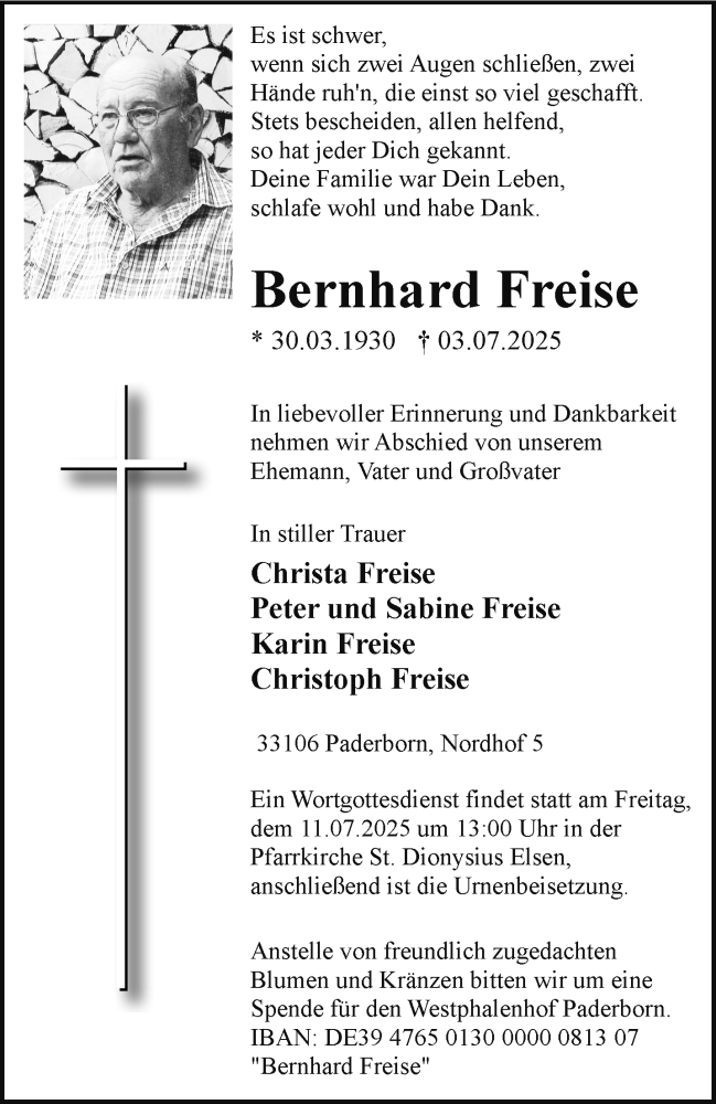  Traueranzeige für Bernhard Freise vom 09.07.2025 aus 