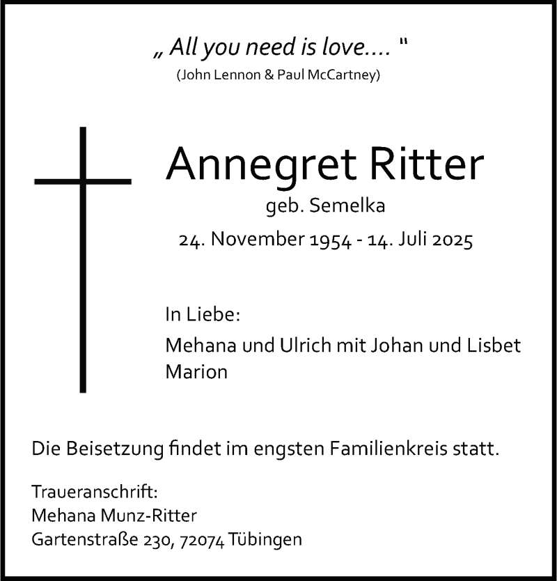  Traueranzeige für Annegret Ritter vom 26.07.2025 aus 