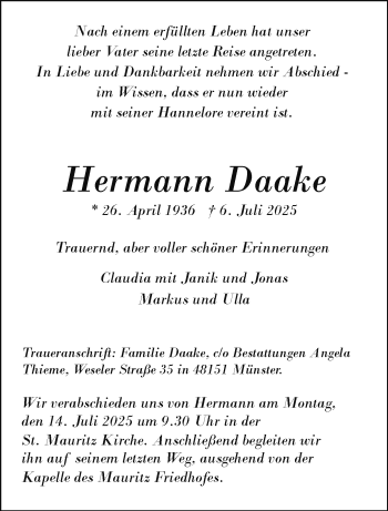 Anzeige von Hermann Daake 