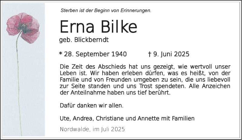  Traueranzeige für Erna Bilke vom 23.07.2025 aus 