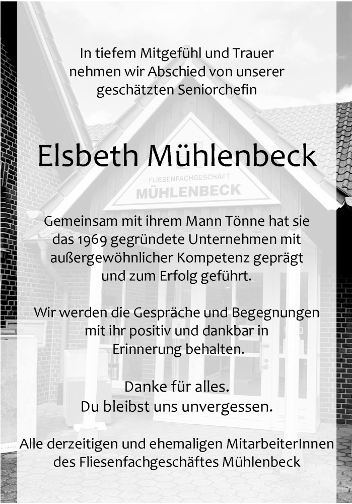  Traueranzeige für Elsbeth Mühlenbeck vom 12.07.2025 aus 