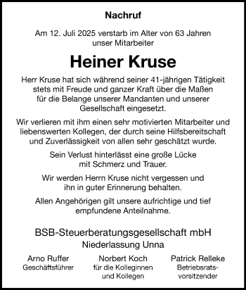 Anzeige von Heiner Kruse 