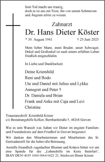 Anzeige von Dr. Hans Dieter Köster 