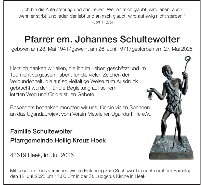  Traueranzeige für Johannes Schultewolter vom 08.07.2025 aus 