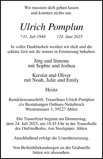 Anzeige von Ulrich Pomplun 