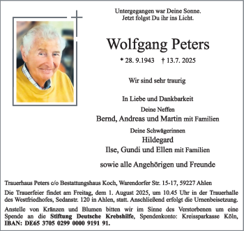 Anzeige von Wolfgang Peters 