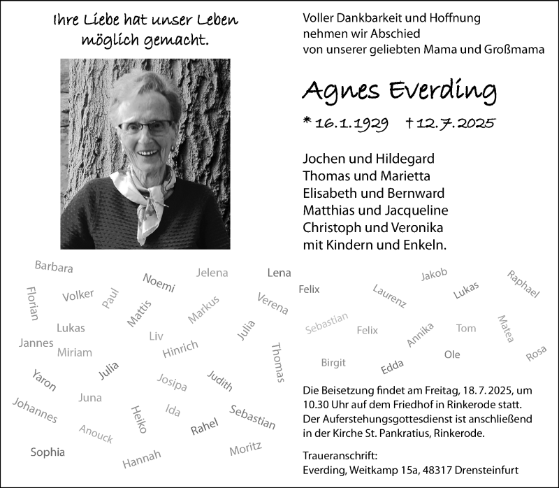  Traueranzeige für Agnes Everding vom 16.07.2025 aus 