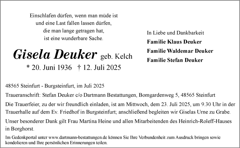  Traueranzeige für Gisela Deuker vom 16.07.2025 aus 