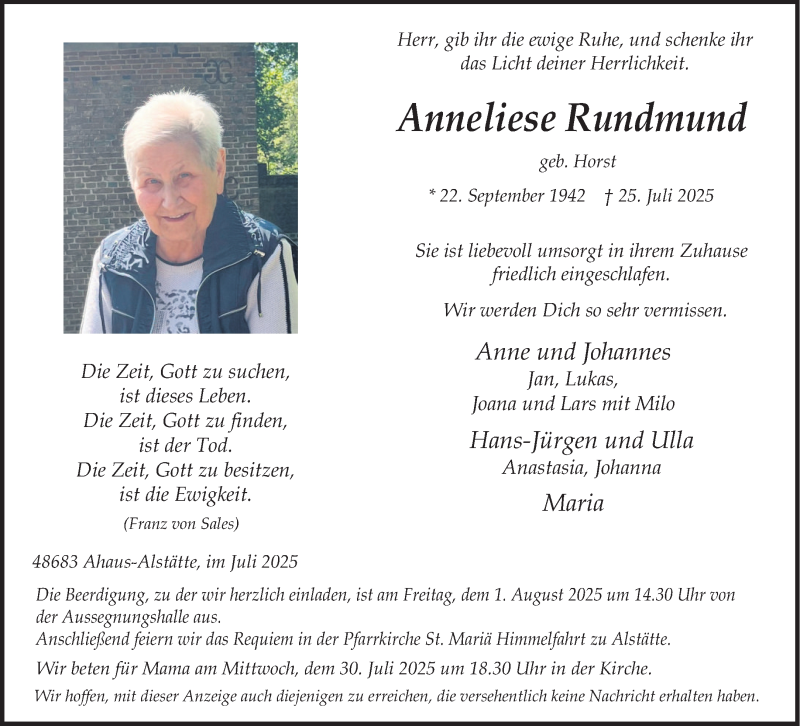  Traueranzeige für Anneliese Rundmund vom 29.07.2025 aus 
