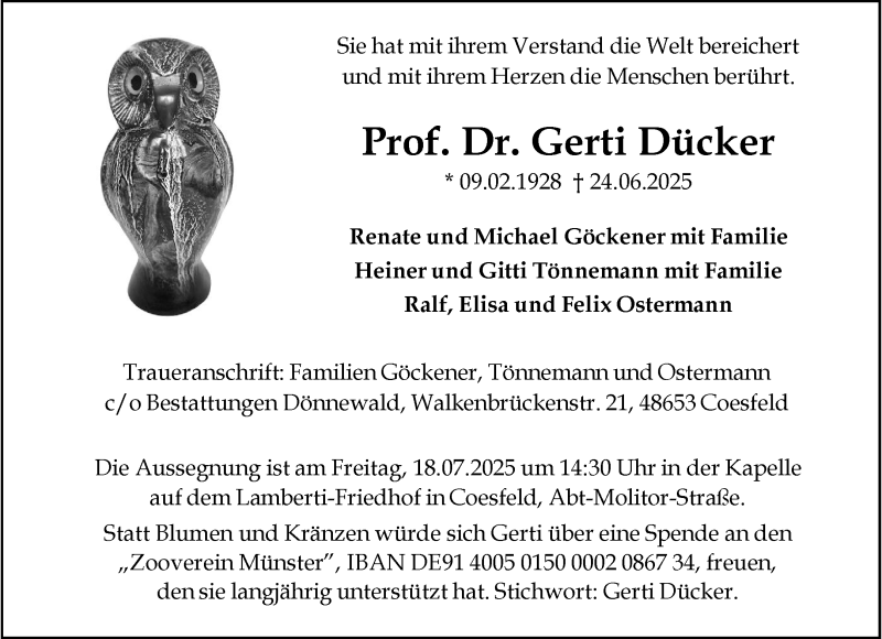  Traueranzeige für Prof. Dr. Gerti Dücker vom 12.07.2025 aus 