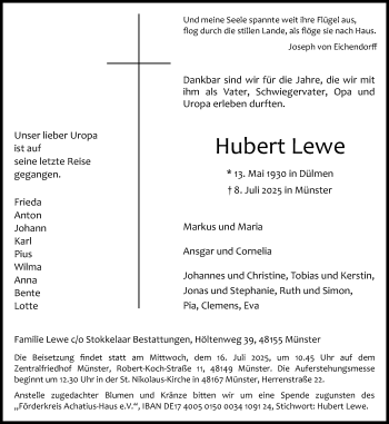 Anzeige von Hubert Lewe 