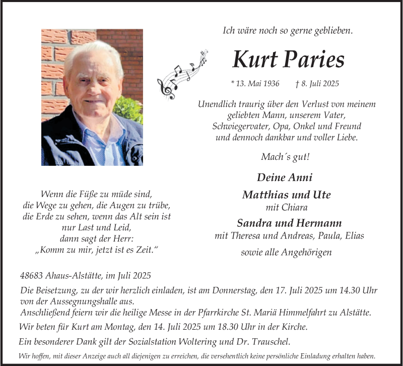  Traueranzeige für Kurt Paries vom 12.07.2025 aus 