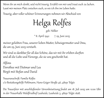 Anzeige von Helga Rolfes 