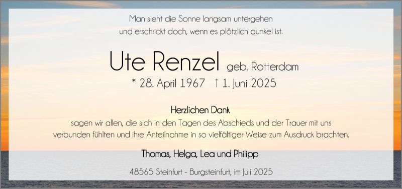  Traueranzeige für Ute Renzel vom 12.07.2025 aus 