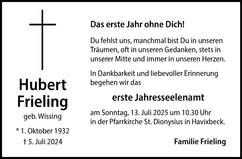  Traueranzeige für Hubert Frieling vom 09.07.2025 aus 