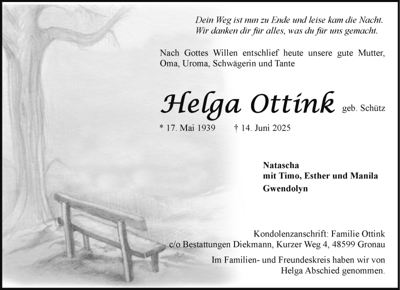  Traueranzeige für Helga Ottink vom 19.07.2025 aus 