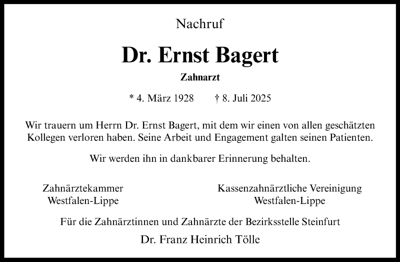  Traueranzeige für Dr. Ernst Bagert vom 19.07.2025 aus 