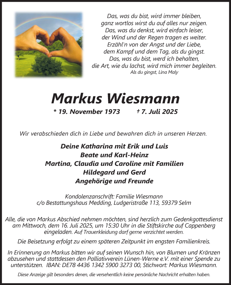  Traueranzeige für Markus Wiesmann vom 12.07.2025 aus 