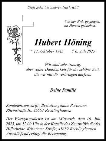 Anzeige von Hubert Höning 