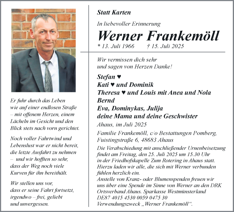  Traueranzeige für Werner Frankemöll vom 19.07.2025 aus 