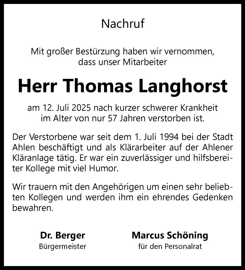  Traueranzeige für Thomas Langhorst vom 29.07.2025 aus 